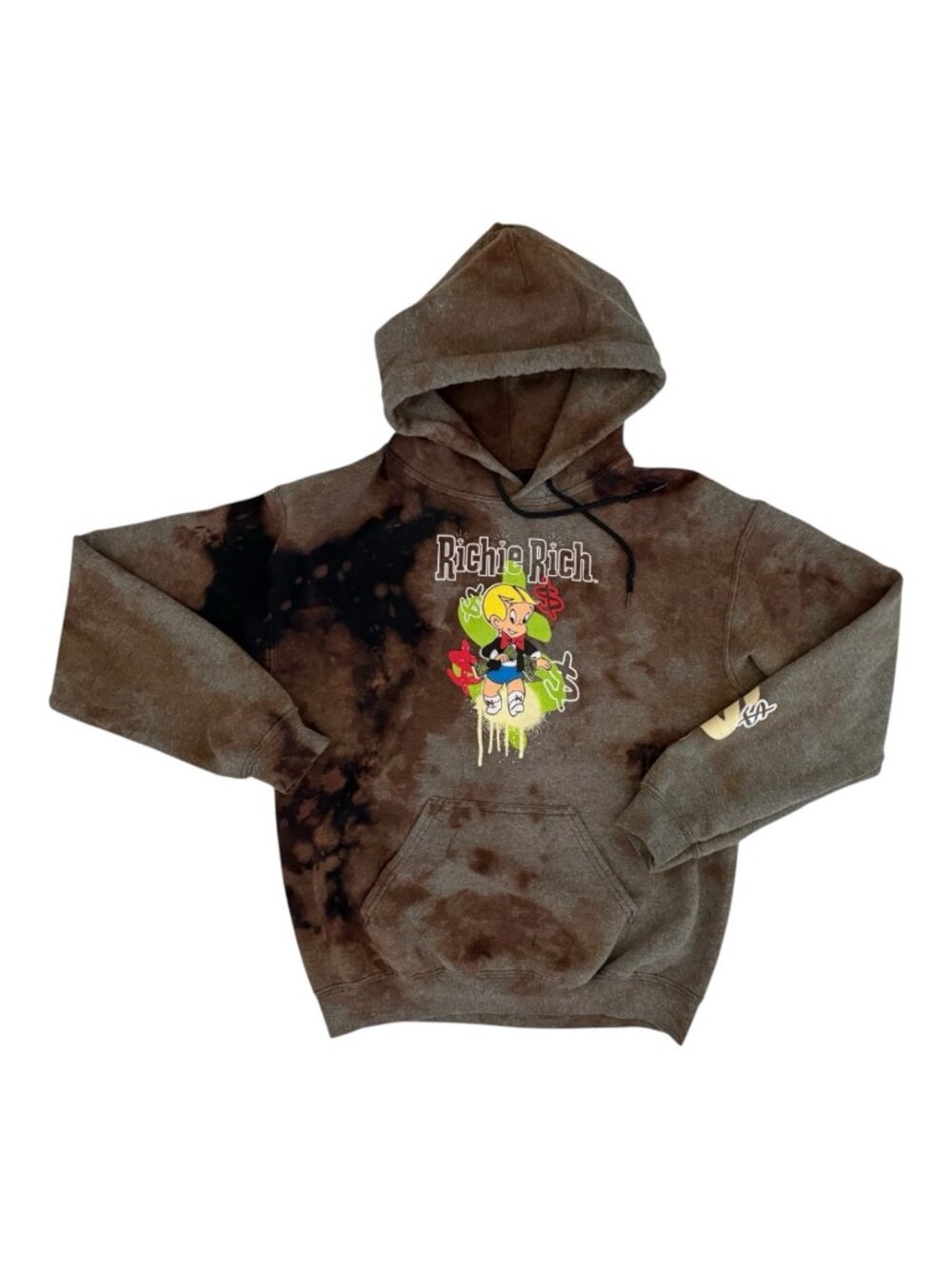 Richie Rich Men's Brown Black Graphic Bleach Tie Dye Hoodie Size Small